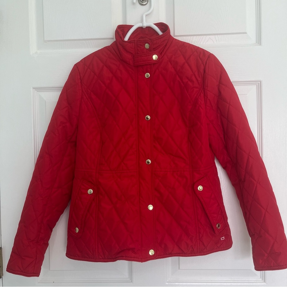 Crown & Ivy Red Gold Pockets Quilted Women's Petite Barn Jacket Coat Adjustable